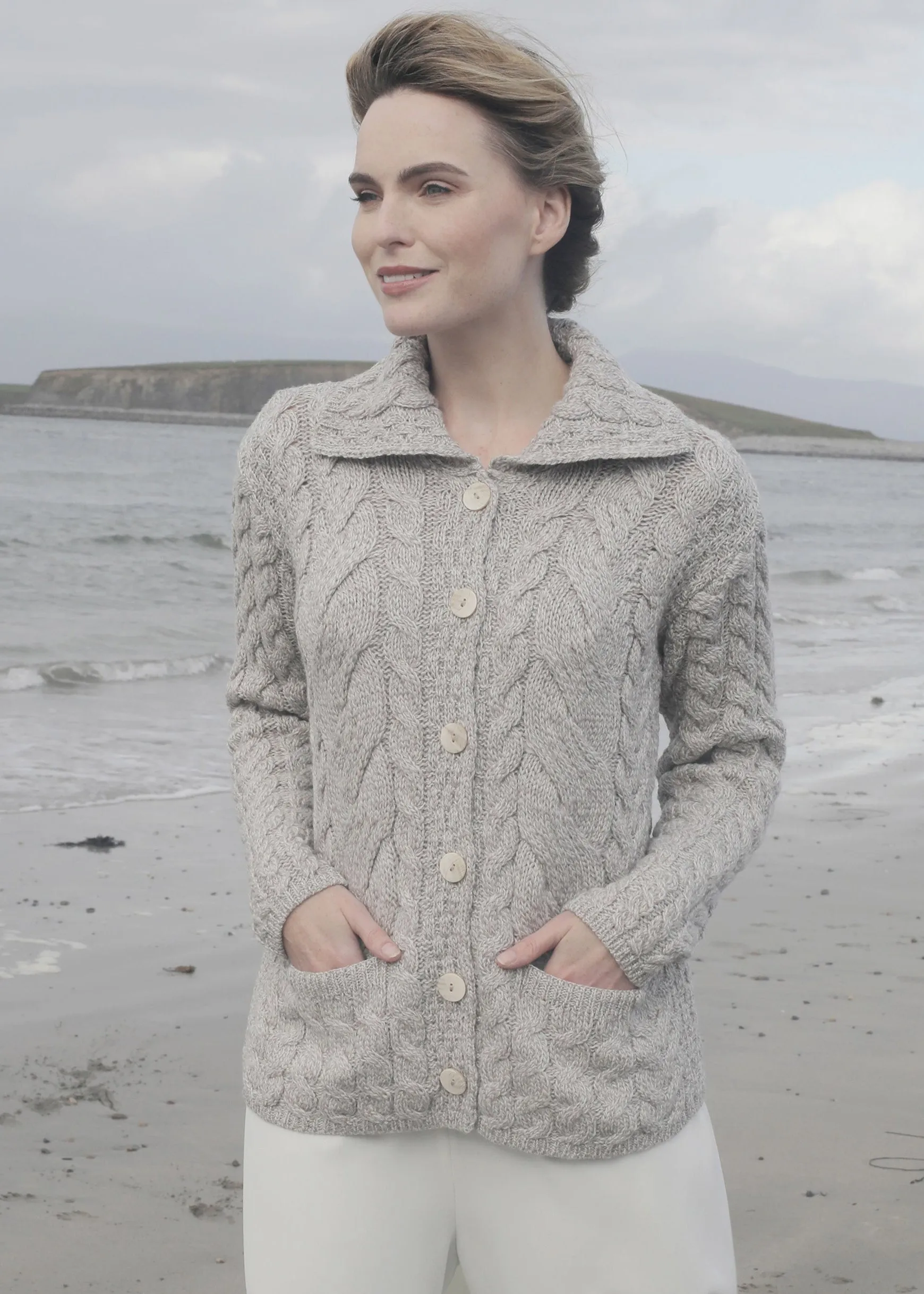 Belcarra Ladies Aran Cardigan | Oatmeal