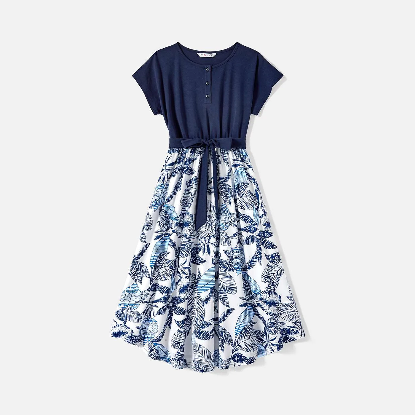 Family Matching 95% Cotton Allover Plant Print Short-sleeve Belted Spliced Dresses and T-shirts Sets