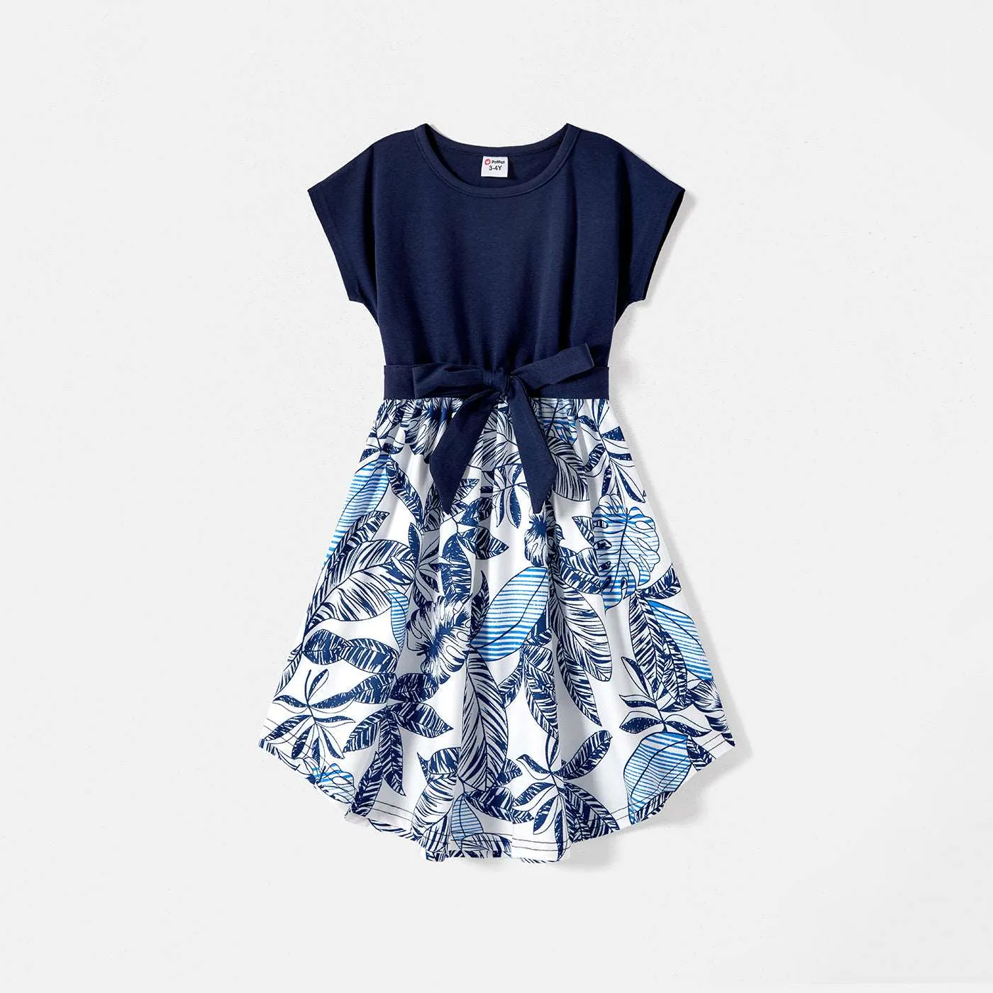 Family Matching 95% Cotton Allover Plant Print Short-sleeve Belted Spliced Dresses and T-shirts Sets