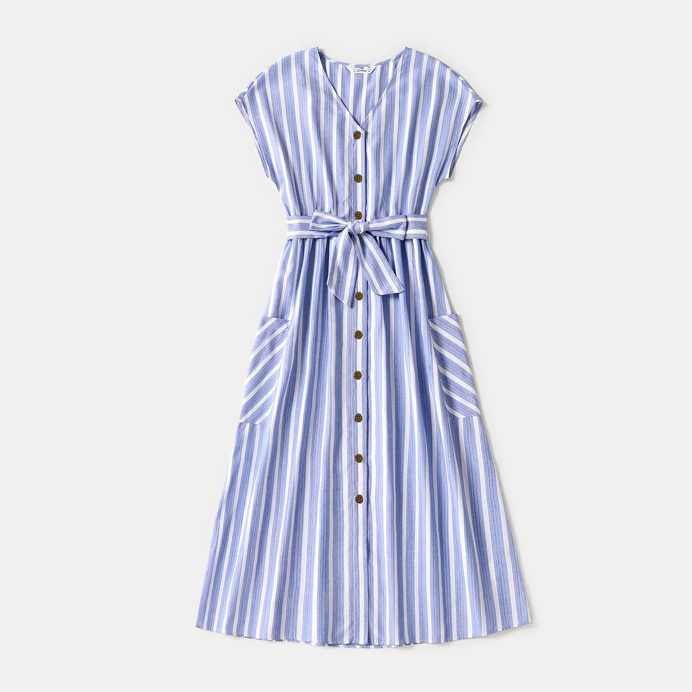 Family Matching Blue Striped V Neck Drop Shoulder Button Up Belted Dresses and Short-sleeve T-shirts Sets