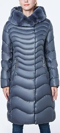 Fur Hooded Wave Puffer Coat, Grey/Blue