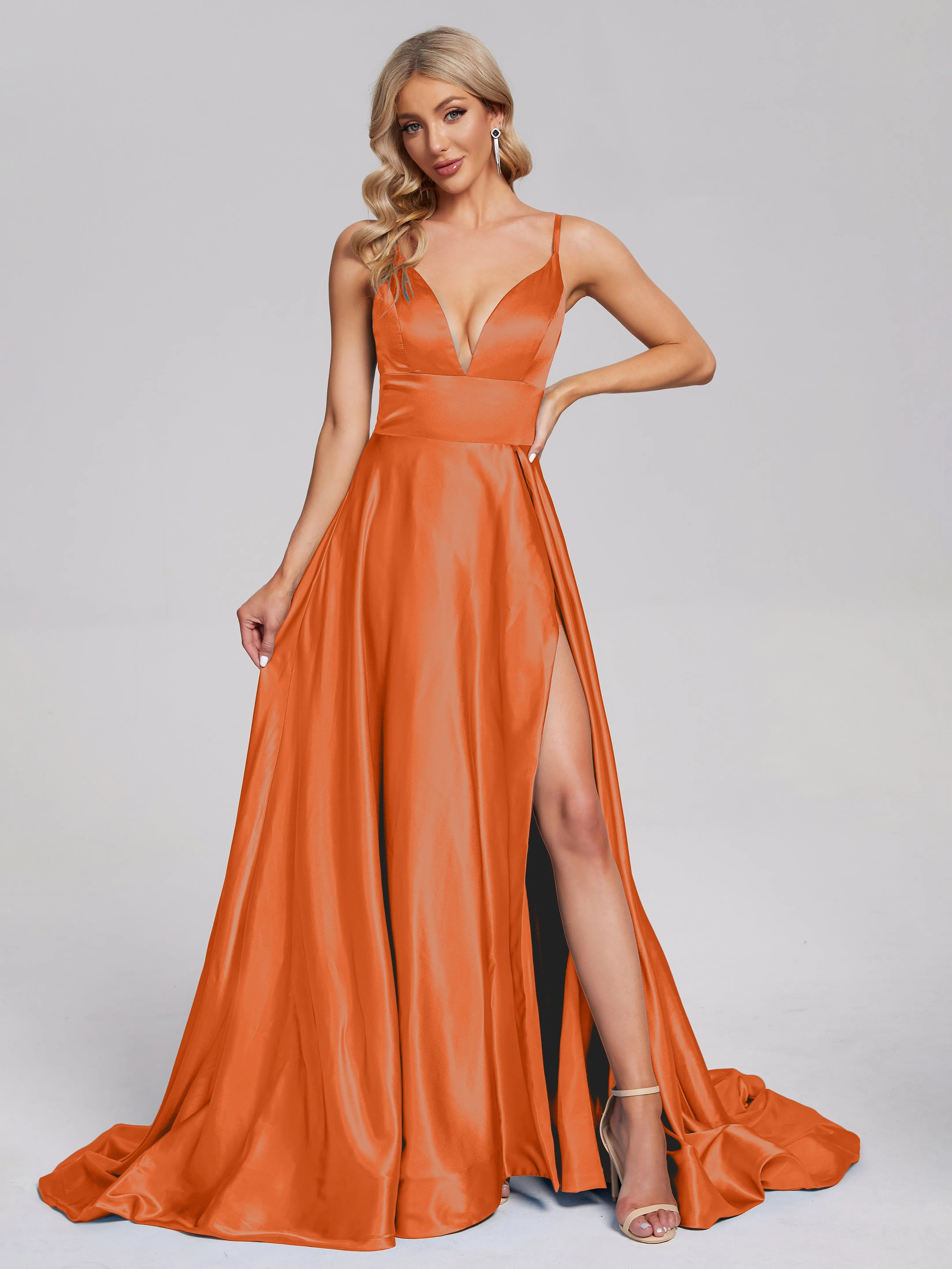 Jennifer Split Soft Satin Long Bridesmaid Dresses