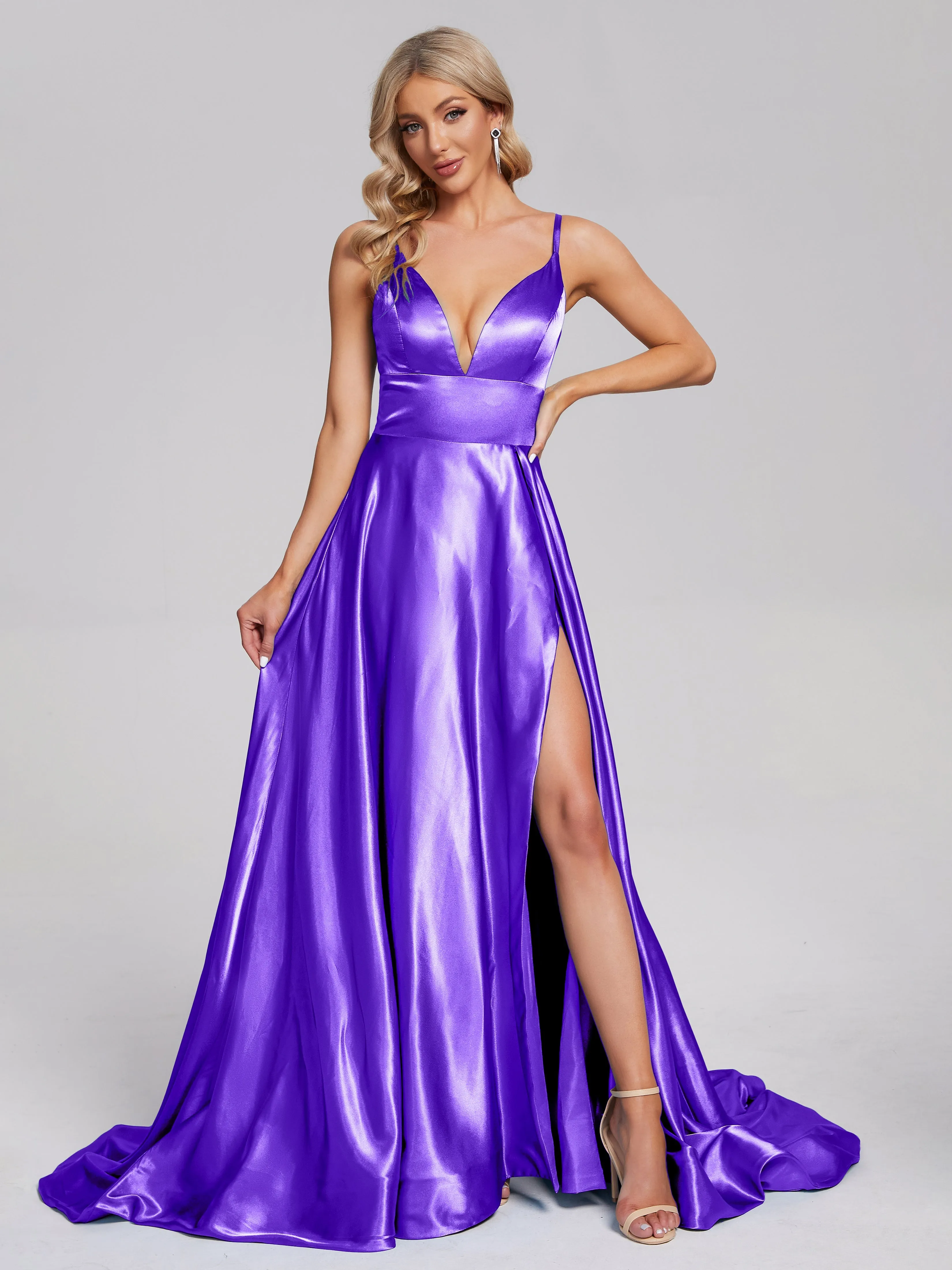 Jennifer Split Soft Satin Long Bridesmaid Dresses