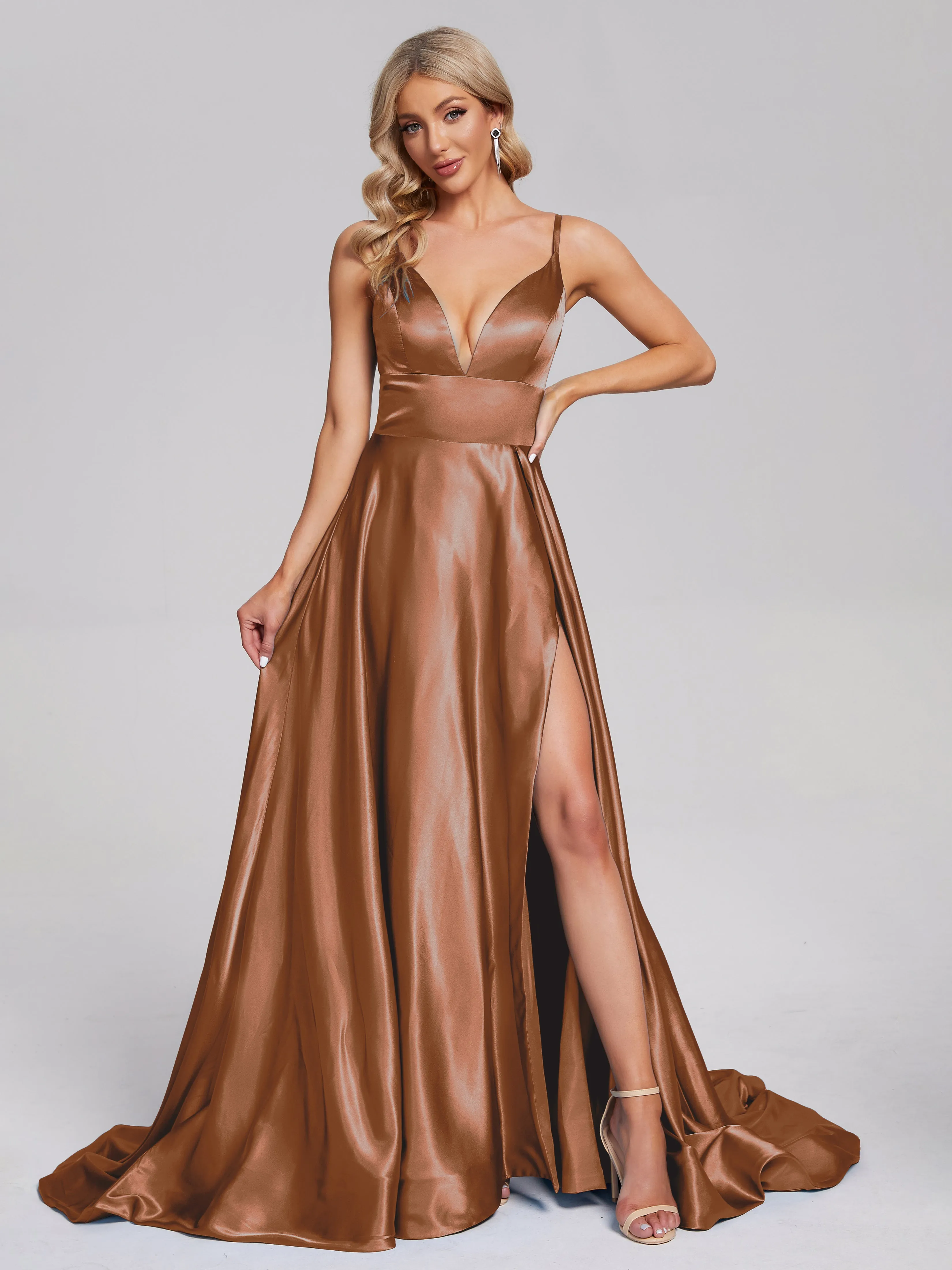 Jennifer Split Soft Satin Long Bridesmaid Dresses