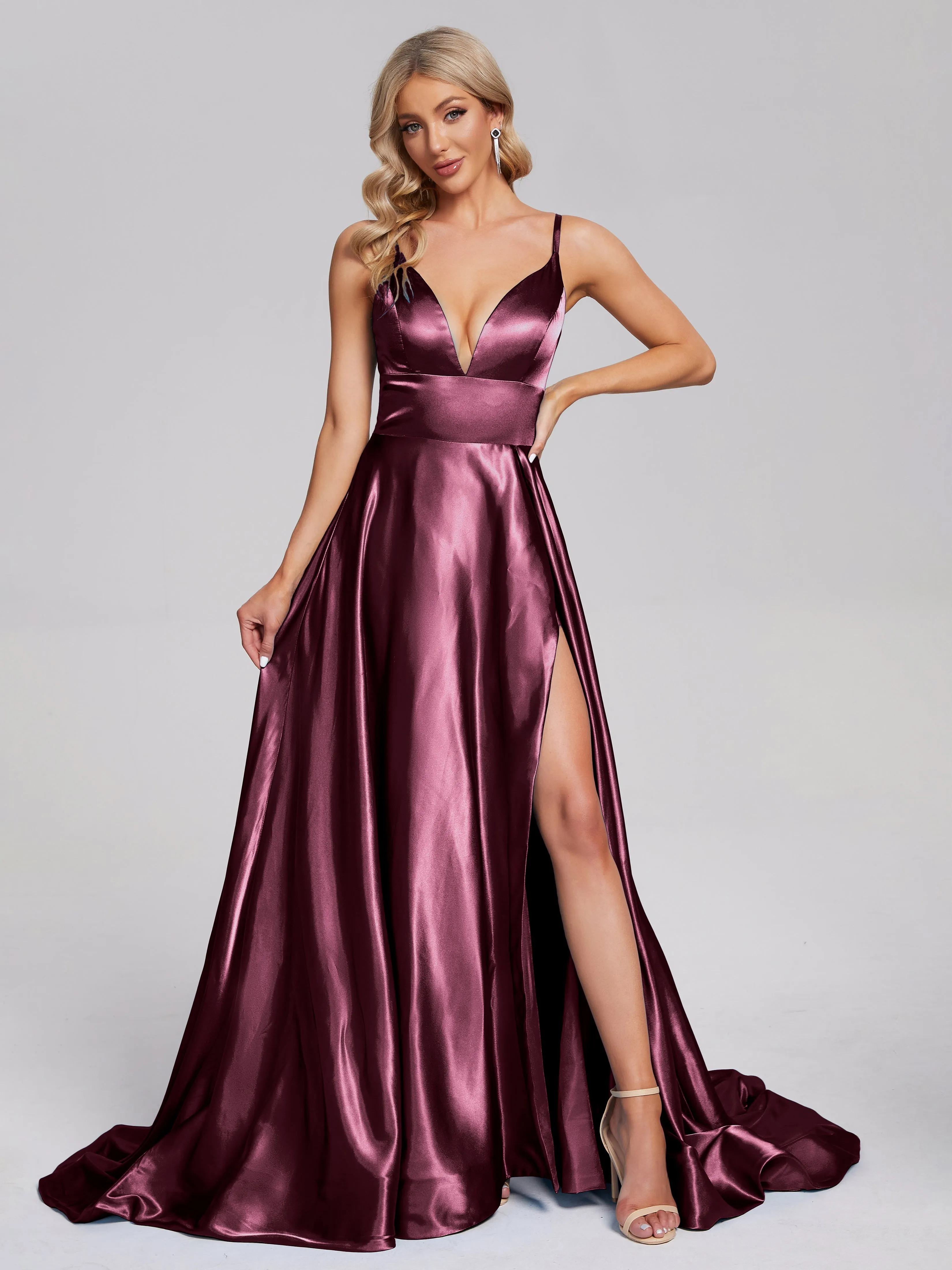 Jennifer Split Soft Satin Long Bridesmaid Dresses