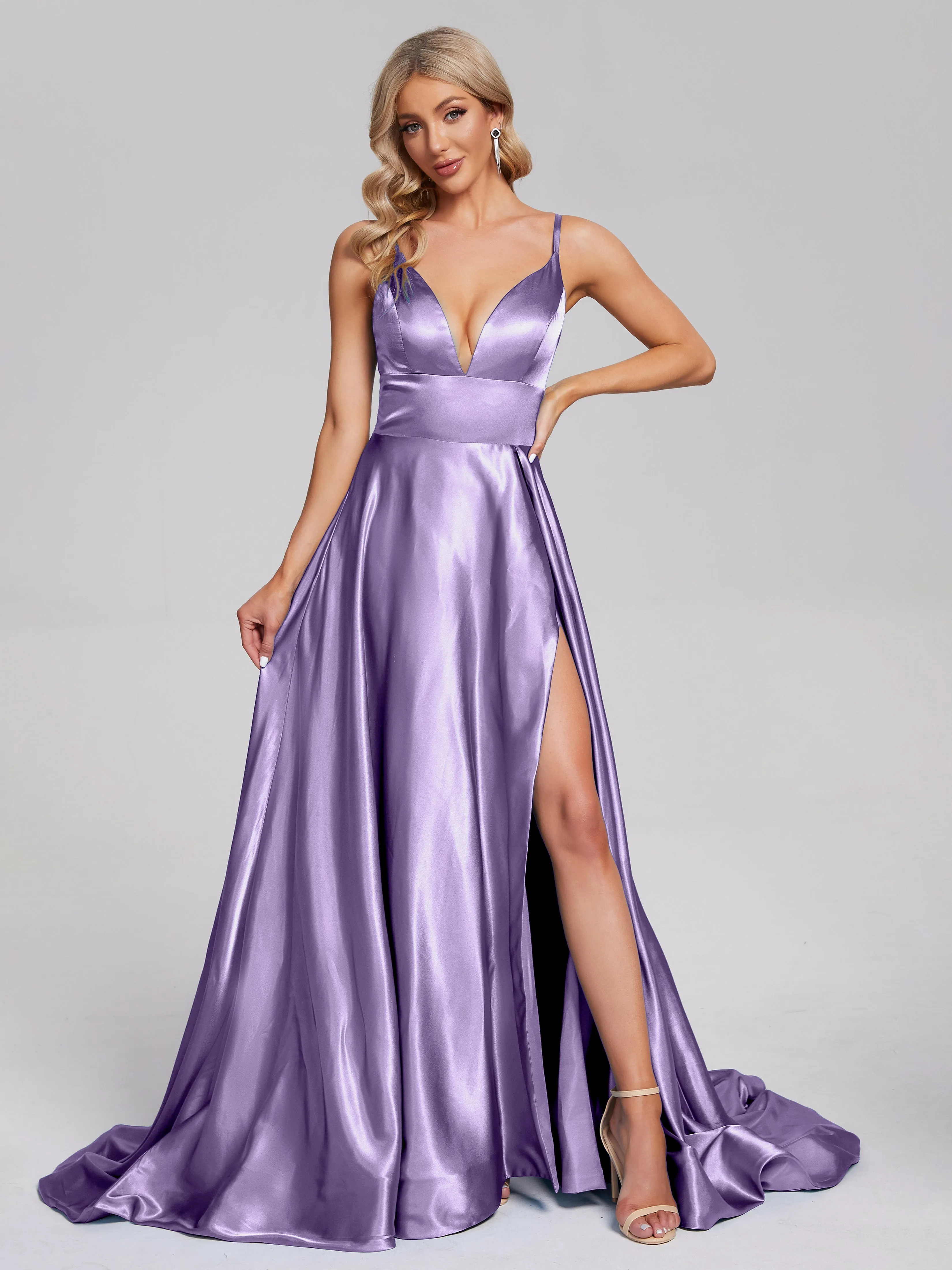 Jennifer Split Soft Satin Long Bridesmaid Dresses