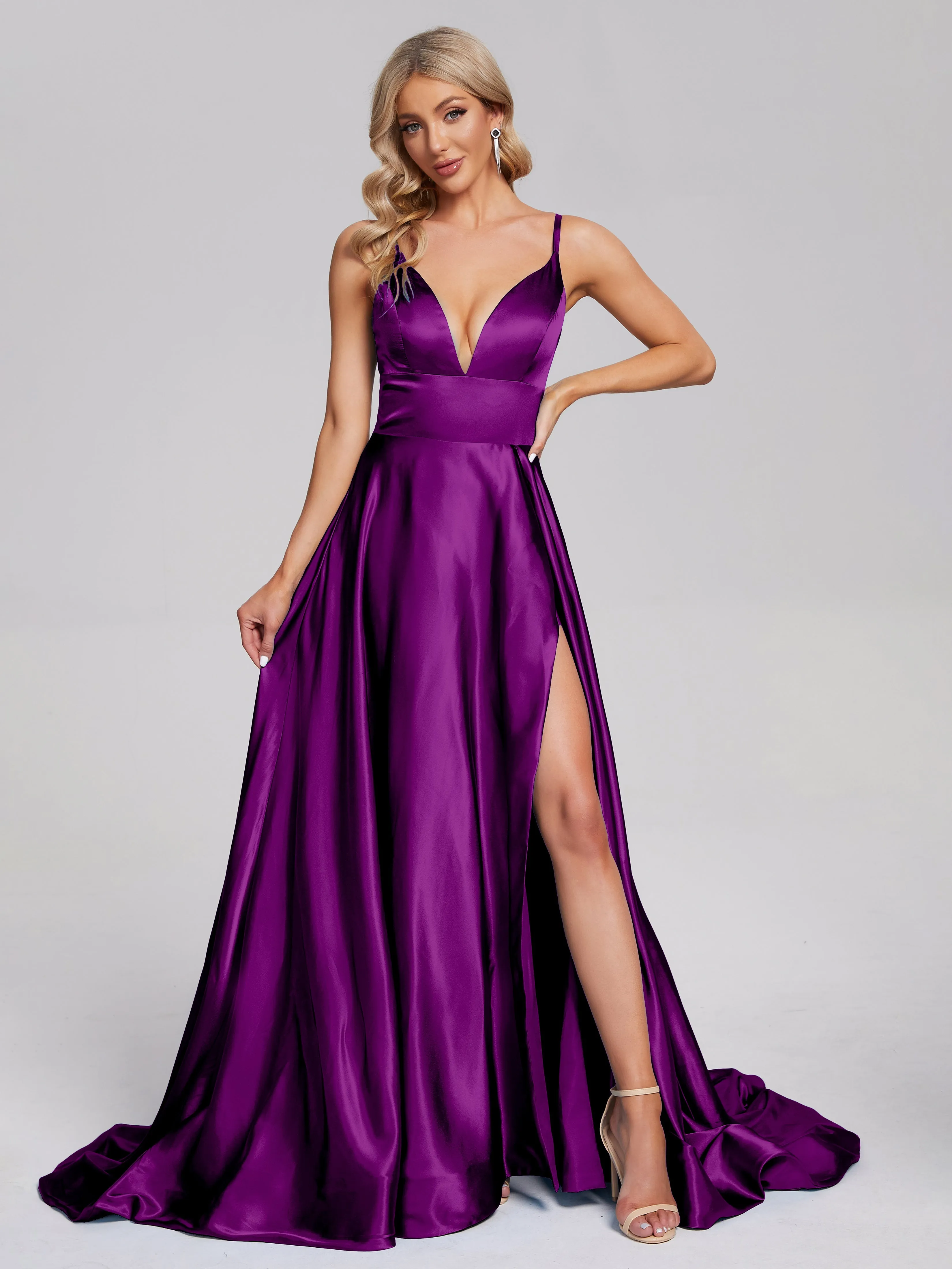 Jennifer Split Soft Satin Long Bridesmaid Dresses