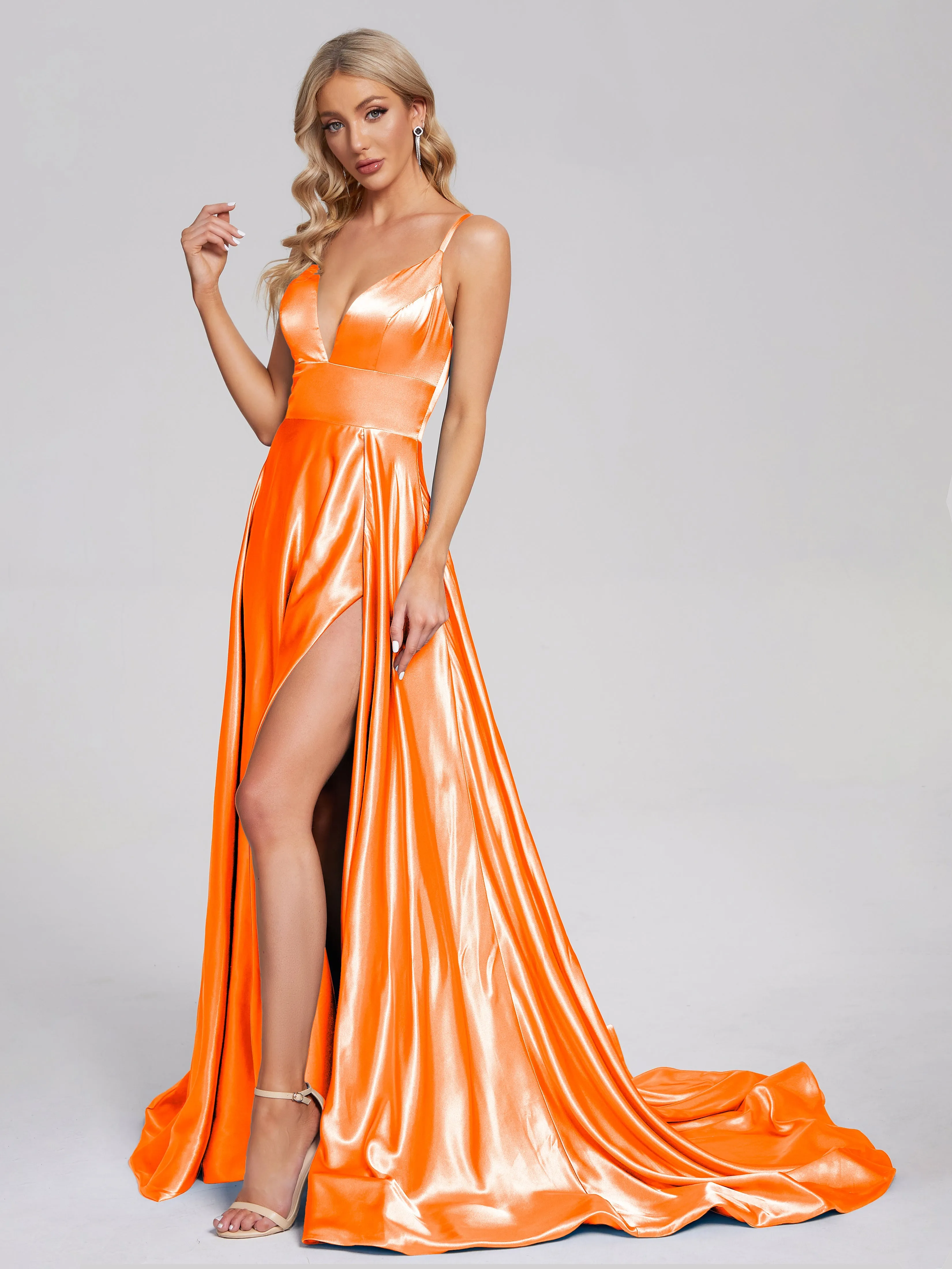 Jennifer Split Soft Satin Long Bridesmaid Dresses