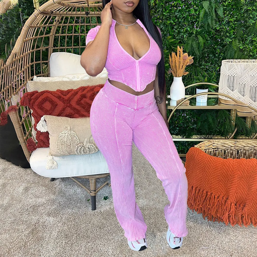 MB FASHION High Quality Premium Ribbed Crop Top and High-Waisted Pants Set 4035LY