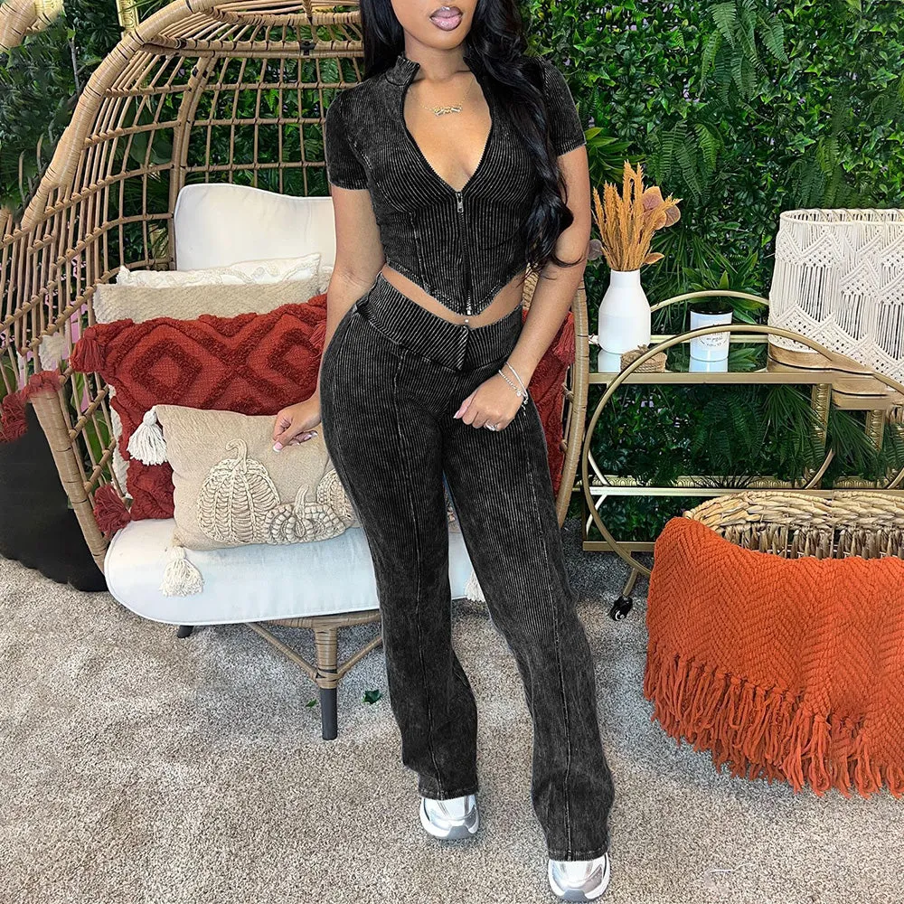 MB FASHION High Quality Premium Ribbed Crop Top and High-Waisted Pants Set 4035LY