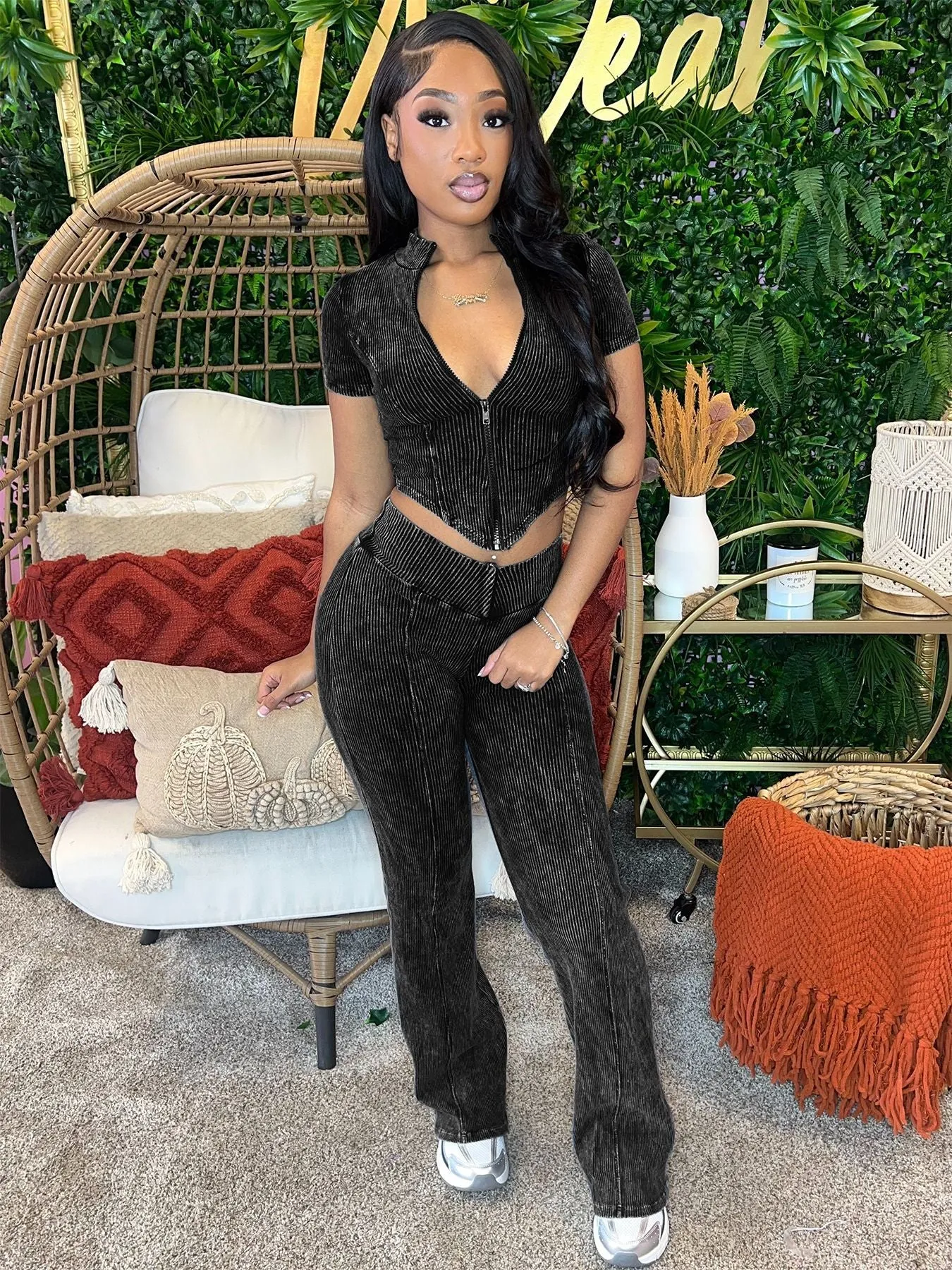 MB FASHION High Quality Premium Ribbed Crop Top and High-Waisted Pants Set 4035LY