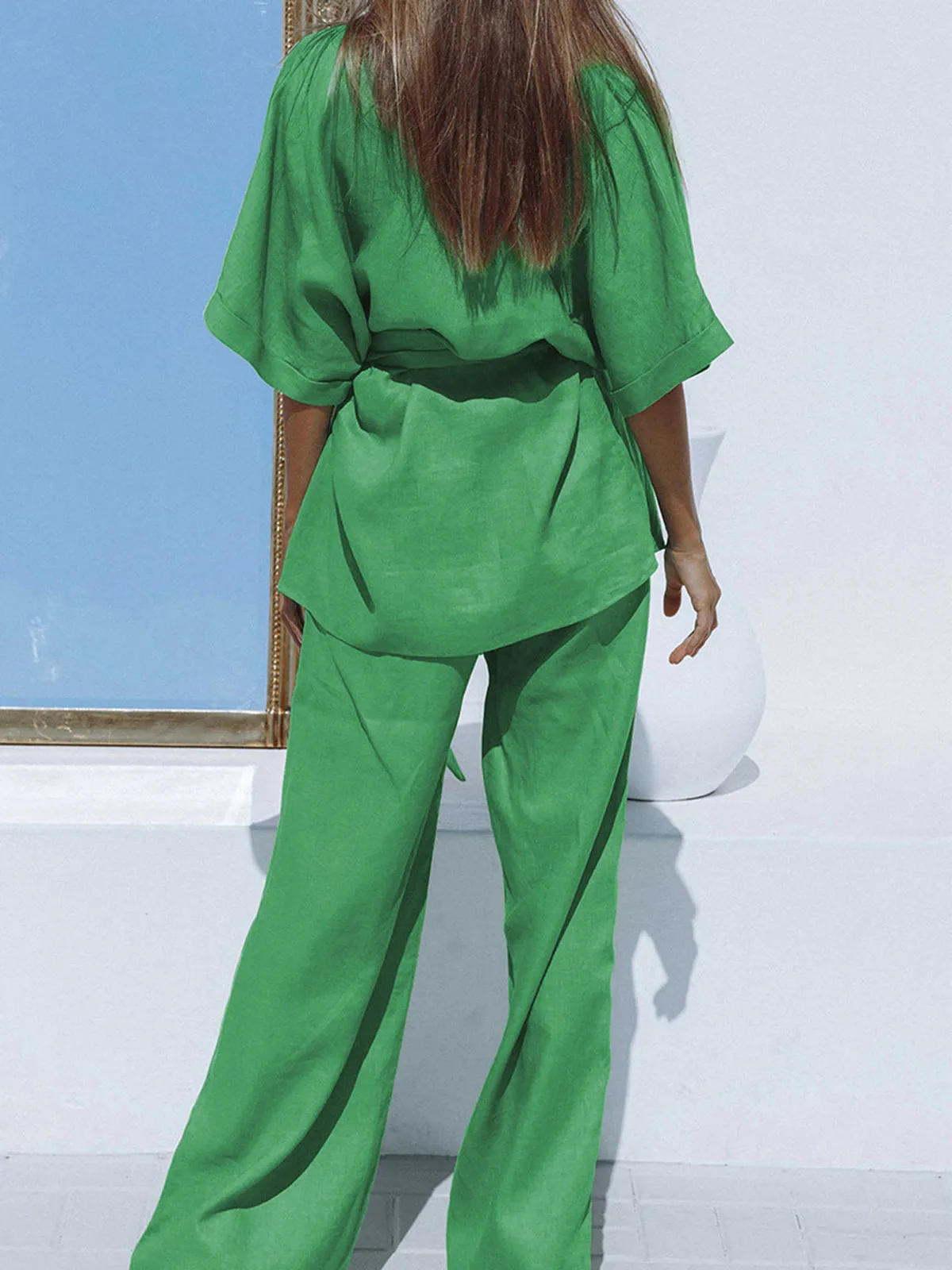 Oversized Linen Tied Trendy Two Piece Pants Set