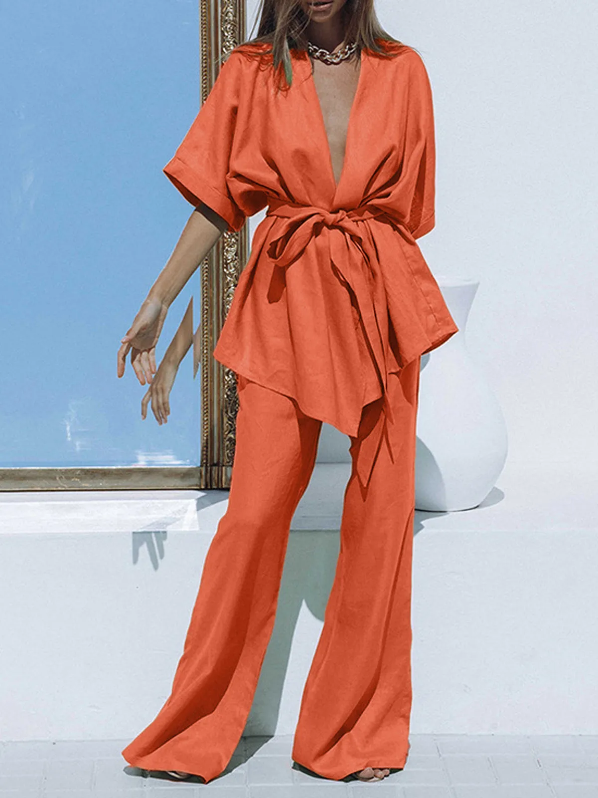 Oversized Linen Tied Trendy Two Piece Pants Set