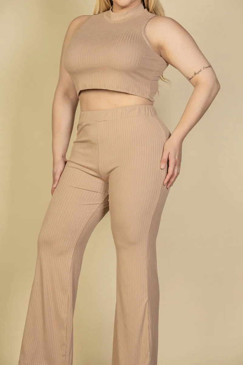 Plus Size Ribbed Mock Neck Crop Tank Top& Bootcut Pants Set (CAPELLA)