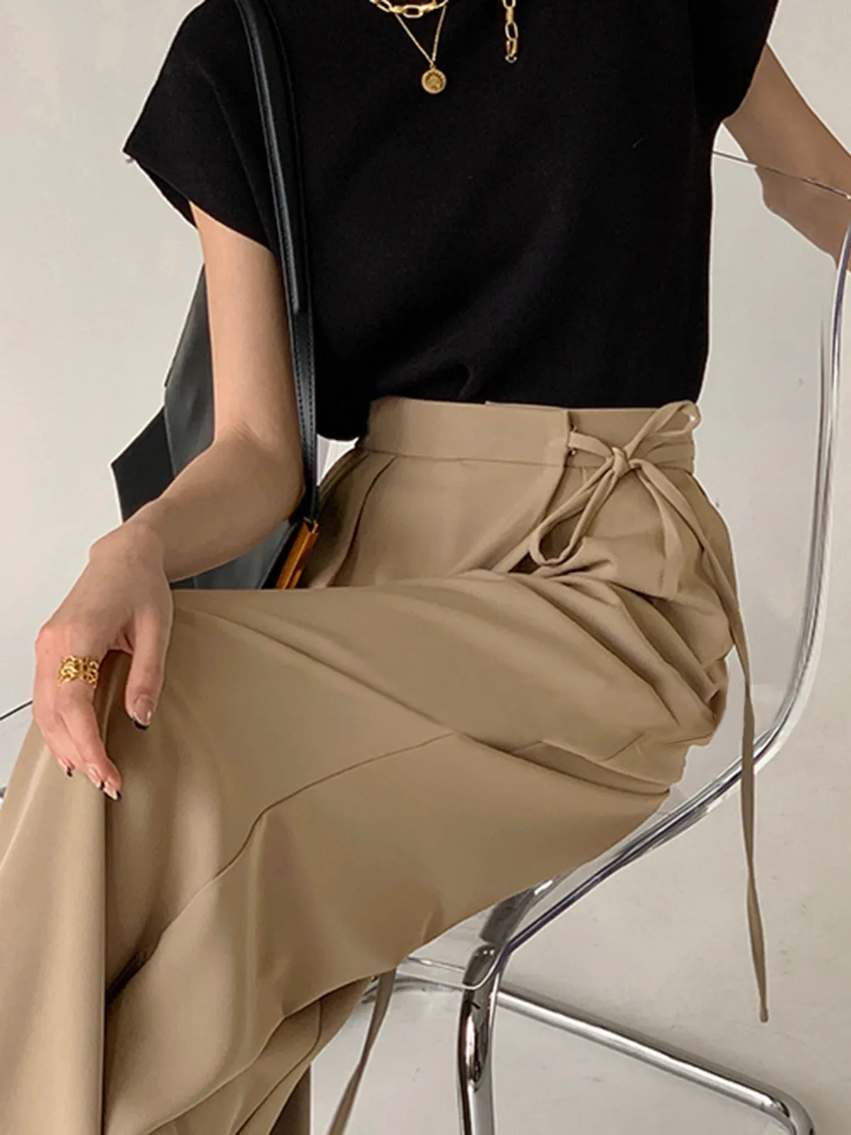 Tie Waist Flowy Trendy Wide Leg Dress Pants