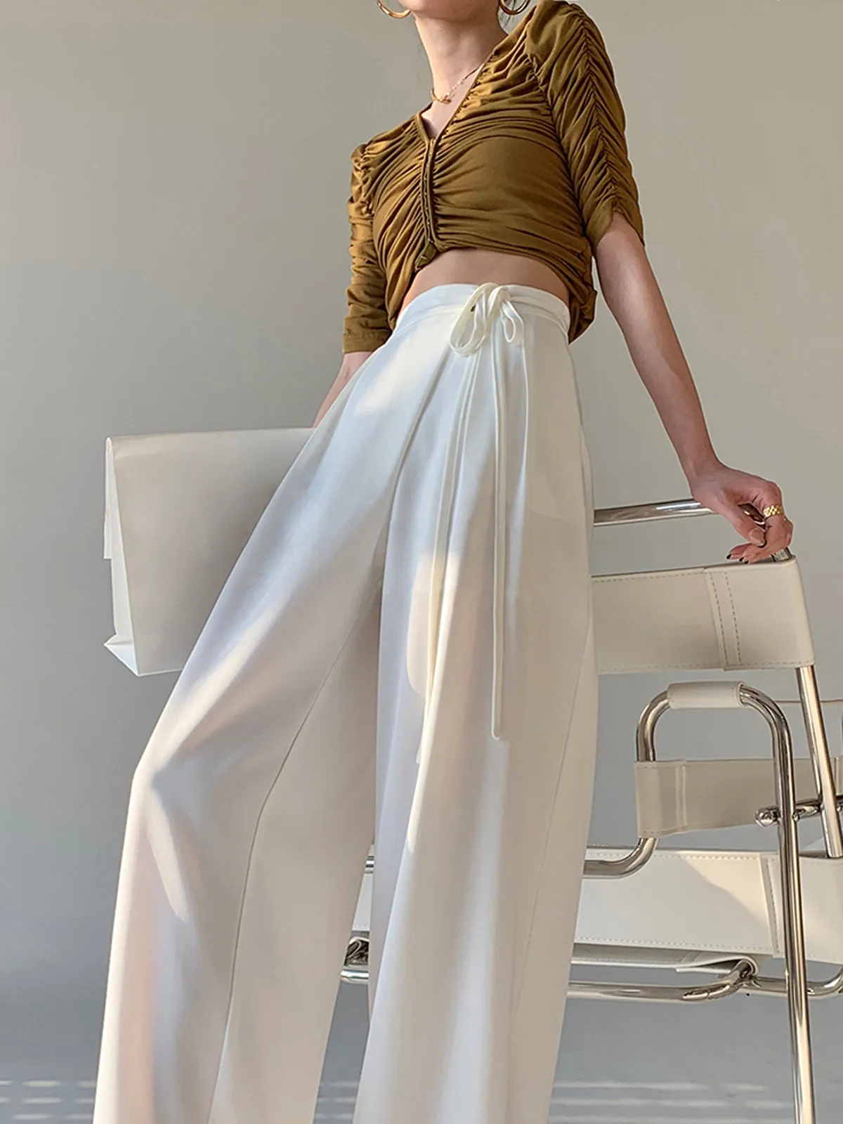 Tie Waist Flowy Trendy Wide Leg Dress Pants