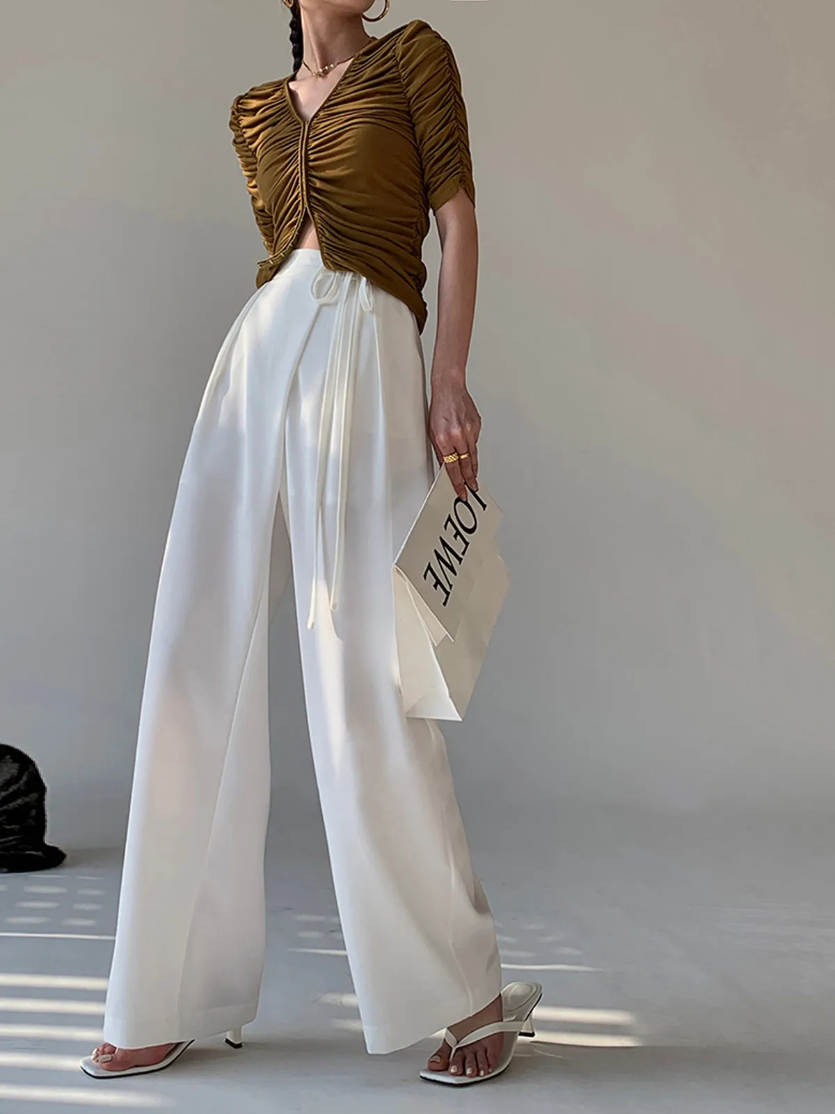 Tie Waist Flowy Trendy Wide Leg Dress Pants