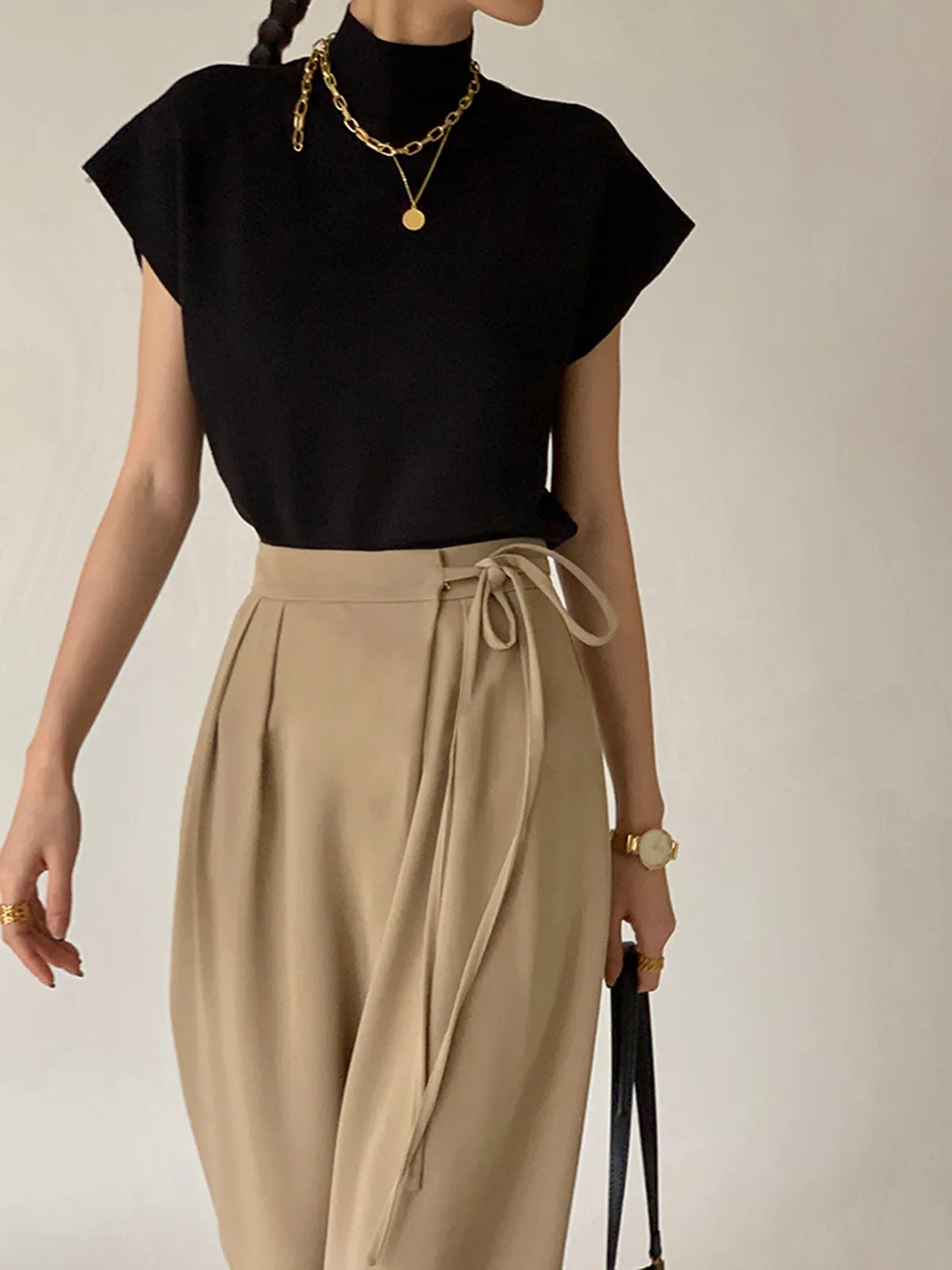 Tie Waist Flowy Trendy Wide Leg Dress Pants