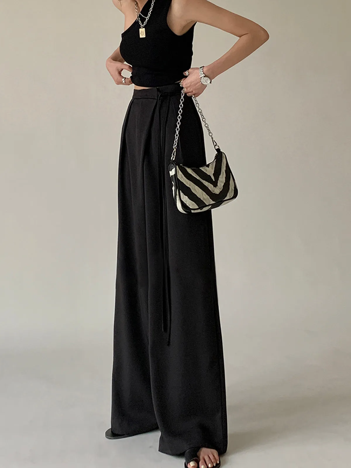 Tie Waist Flowy Trendy Wide Leg Dress Pants